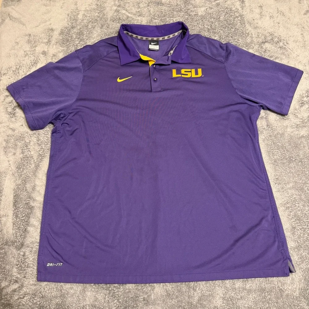 Nike LSU Tigers Dri FIT Polo‎ Shirt Mens Large Purple Yellow Golf Casual